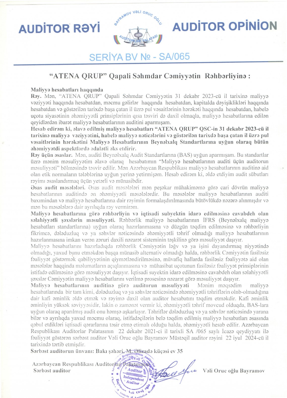 “ATENA QRUP” Qapali Səhmdar Cəmiyyətinin 2023-cü il audit hesabatı